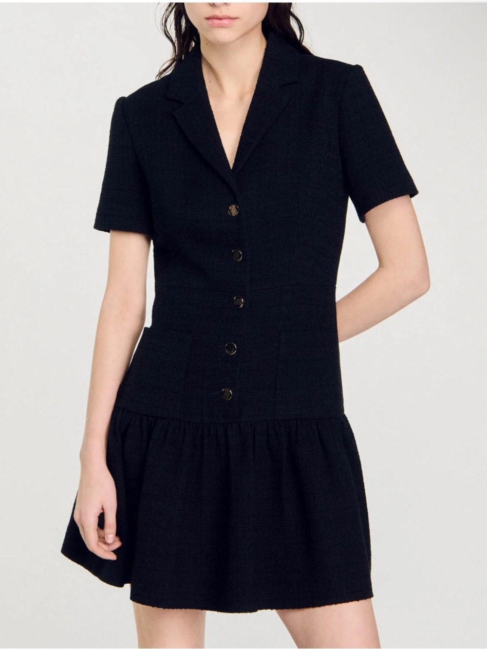 Sandro Black Short-Sleeve Button-Front Tweed Mini Dress - Picture 2 of 10